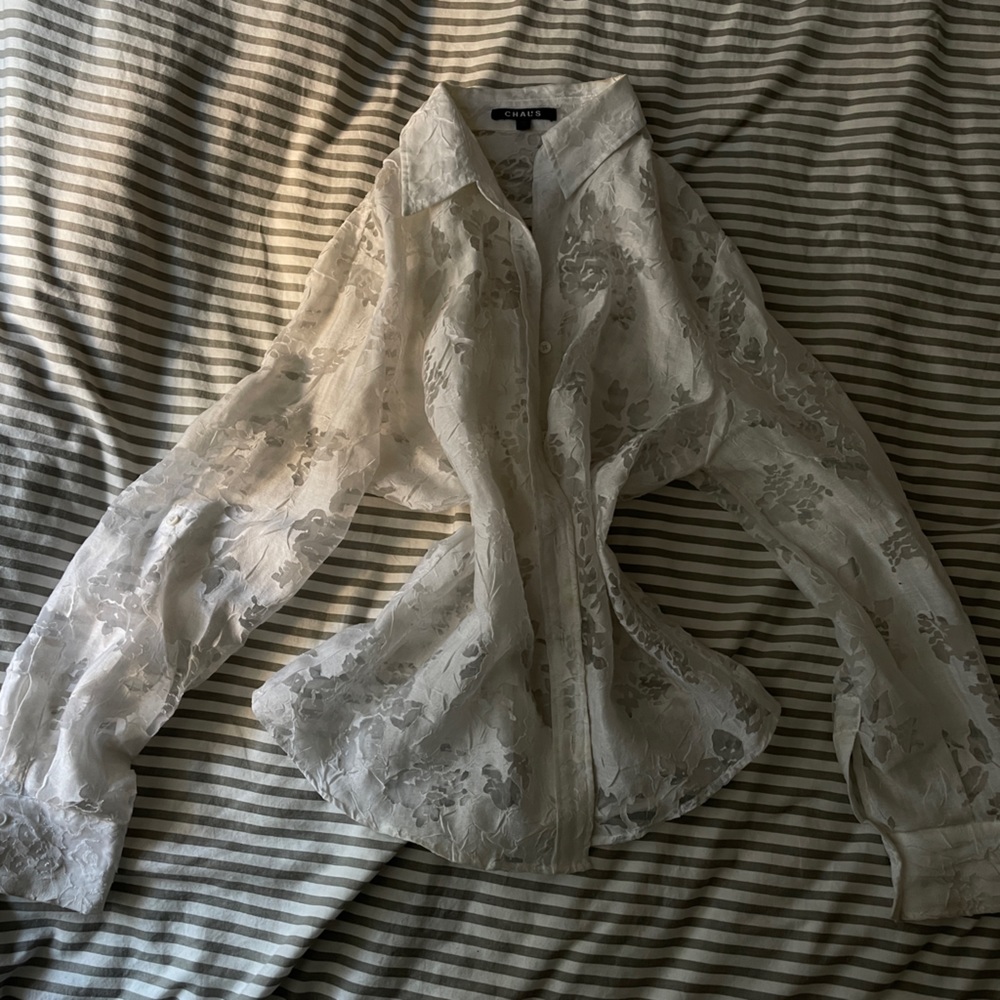 White floral see through transparent button down shirt